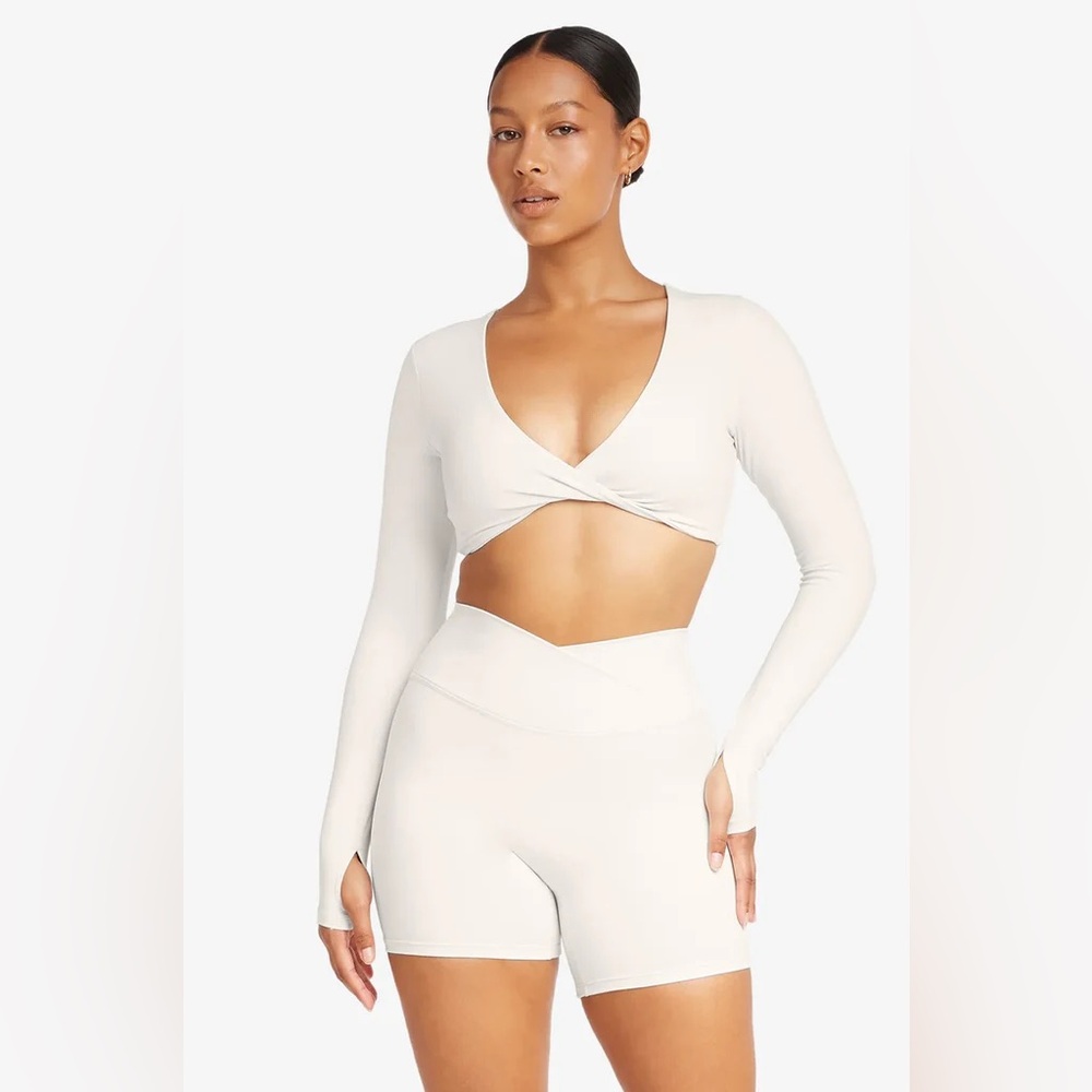CSB Cropped Long-Sleeve Wrap Top in Cream